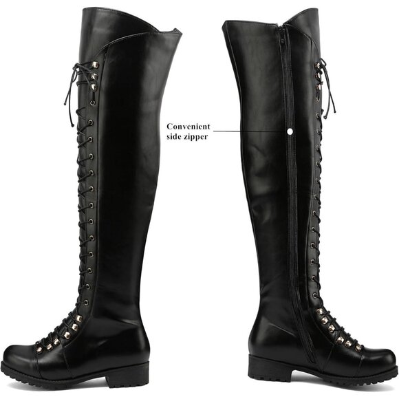 Women's Black Faux Leather Over The Knee Square Toe Thigh High Combat Boots - Picture 4 of 7
